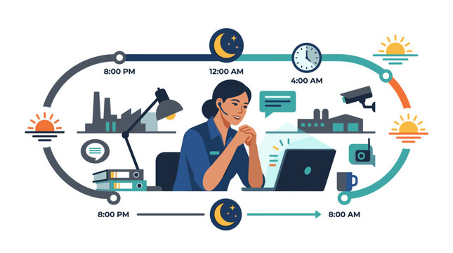 Woman working night shift with 24 hour cycle timeline infographic