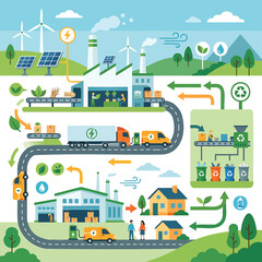 Fototapeta premium Integrated Circular Economy Diagram Featuring Green Industrial Processes, Renewable Energy, and Sustainable Resource Management for a Healthier Planet