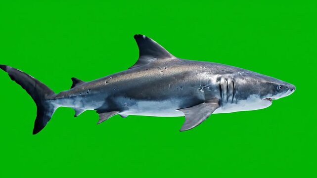 Great White Shark on Green Screen: A formidable great white shark swims powerfully against a vibrant green background, showcasing its predatory grace and raw power.