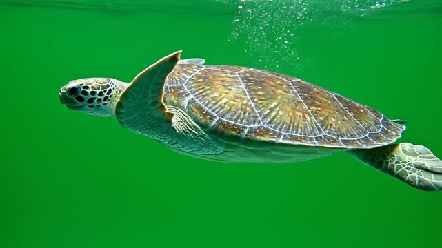Underwater Majesty: A majestic sea turtle glides gracefully through vibrant green ocean waters, its patterned shell shimmering beneath the surface, surrounded by a tranquil aquatic environment.
