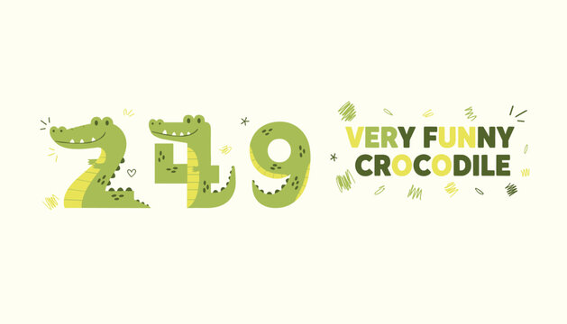 Creative kids numbers shaped like green funny crocodiles next to the playful text very funny crocodile on a warm white background.