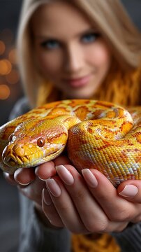 A woman with blonde hair holds a yellow and orange python while looking directly at the camera against a blurred background.