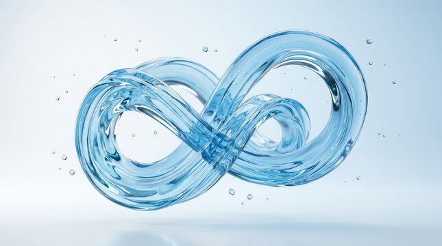 Infinity symbol made of flowing water droplets. Abstract liquid sculpture with dynamic motion and glossy texture.