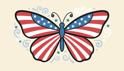 Fototapeta premium Beautiful butterfly featuring the patriotic stars and stripes pattern of the American flag on a soft cream background.