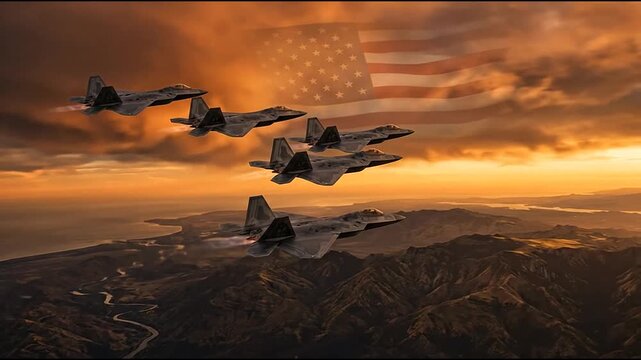 Military Fighter Jets Flying in Formation at Sunset with USA Flag Overlay