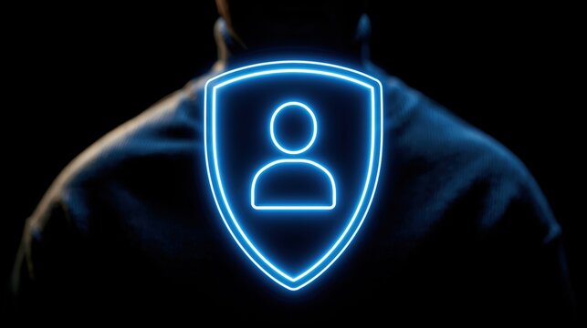 A glowing neon shield icon with a person symbol representing digital identity protection.