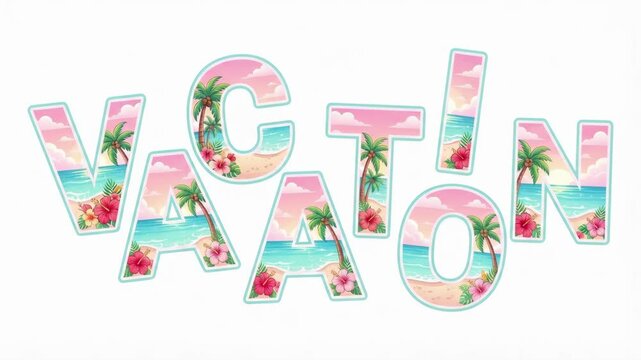 Playful tropical vacation typography with staggered letters. Animated text filled with beach scene and hibiscus flowers