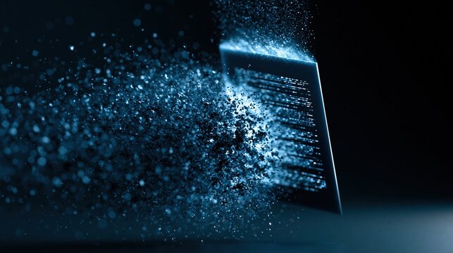Abstract digital document dissolving into fragmented blue particles representing data loss.
