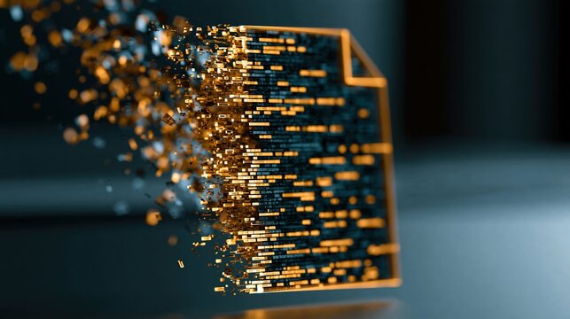 An angled digital file streaming with glowing golden code fragments and particles.
