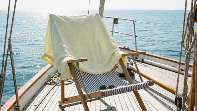 Empty deck chair on a sailboat deck. Towel and sunglasses resting on a yacht with sea view. Luxury travel concept