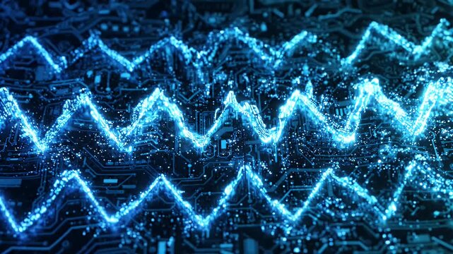 Blue Cyan Digital Zigzag Waves Ripple Effect - A dynamic digital visualization featuring bright blue and cyan zigzag waves that ripple across a dark, circuit board-like background.