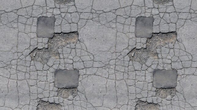 Grey asphalt road surface showing severe cracking patterns with multiple square patch repairs in daylight