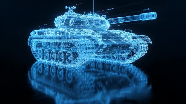 Blue Wireframe Digital Hologram of Military Tank on Reflective Surface - A detailed blue wireframe hologram of a military tank appears to float above a dark, reflective surface.