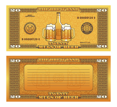 Vector banknote or certificate. 20 mugs of beer. Obverse and reverse. Seals, bottles and hops. Yellow coupon. Beery twenty. Ticket of bar or pub. Sample of textured flyer. Brew land