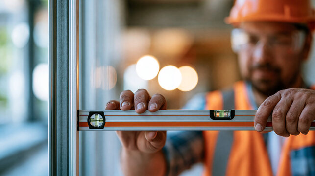 Faceless young tradesman using a spirit level on a freshly installed partition wall, checking for perfect vertical alignment, defocused construction site in background, spirit