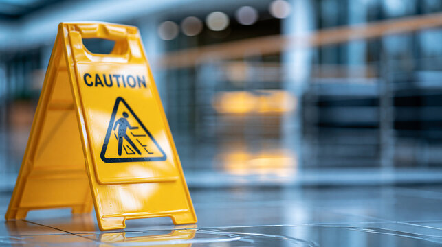 Yellow caution wet floor sign standing on a clean floor, clear safety warning communication, defocused interior background, isolated wet floor sign concept photography, with copy