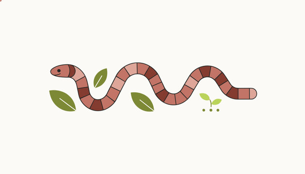 Segmented pink earthworm crawls gracefully between green leaves and tiny sprouts on a neutral white background.