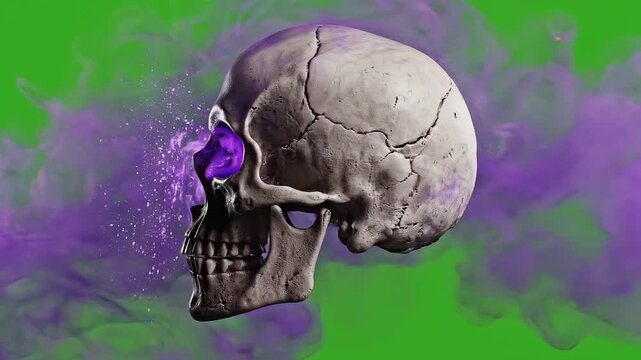 Human skull with glowing purple nebula eyes exhaling thick swirling clouds of magical mystical smoke in this high resolution three dimensional digital animation motion clip perfect for dark fantasy th