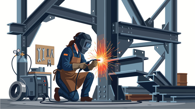 Professional welder assembling heavy steel structures inside an industrial workshop featuring bright welding sparks protective equipment metal beams engineering elements clean geometric composition an