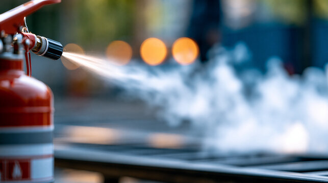 Close-up of white chemical foam spray discharging from a fire extinguisher during a training demonstration, powerful discharge visible, defocused outdoor training area in