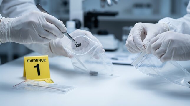 Forensic experts using metal tweezers to carefully place dark physical evidence into a plastic bag