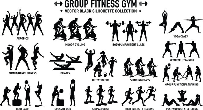 Group fitness gym silhouettes collection vector bundle featuring aerobics, indoor cycling, weightlifting class, yoga, pilates, crossfit bootcamp, and athletic workout graphic elements pack.