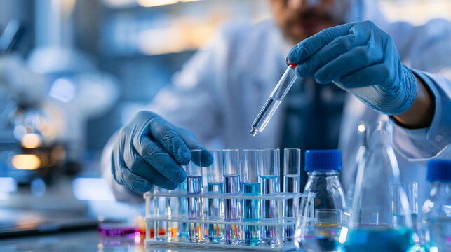 Faceless scientist in a white lab coat conducting a laboratory experiment with test tubes and chemical solutions, scientific research concept, defocused lab interior in