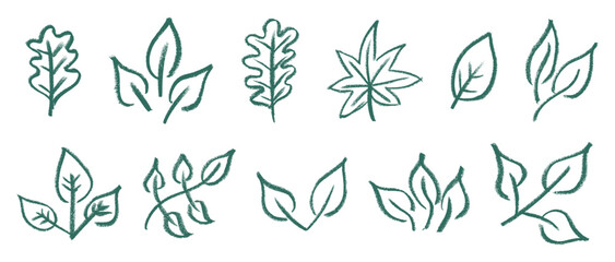 Fototapeta premium Leaf Icons Crayon Chalk Drawing Doodle Vector Set