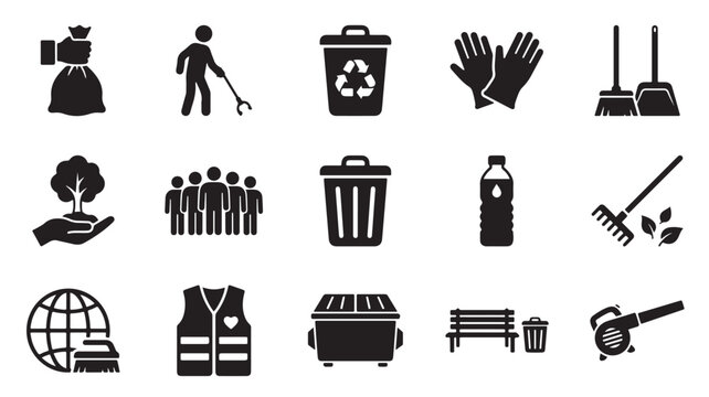 Cleanup and waste management icon set, 15 black vector symbols for community service and environmental sanitation, garbage disposal and recycling icons