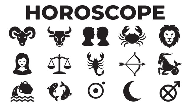 Horoscope zodiac signs vector icons set, black astrology symbols collection, 15 celestial star sign silhouettes for mystical branding and web design
