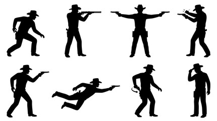 Fototapeta premium Collection of cowboy silhouettes in action poses, shooting and drawing firearms, western frontier, outlaw, vintage American West