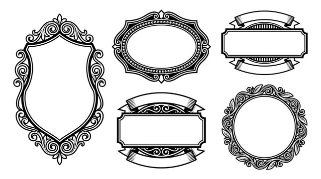 Set of five ornate decorative frames and banners, shield shape, oval, rectangle, and circular designs, elegant scrollwork and flourishes, isolated