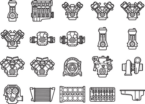 Collection of engine component illustrations, showcasing various parts like pistons, cylinders, and a rotary engine in a schematic, black and white style.
