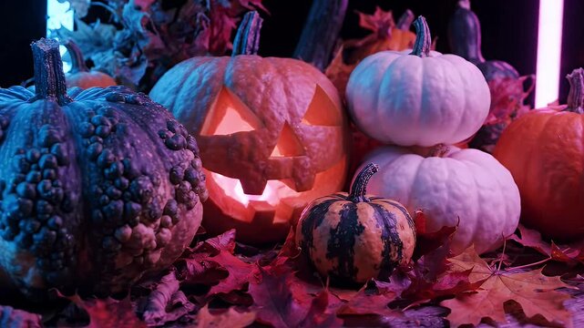 Diverse Pumpkins and Gourds Display on Rustic Surface - A spooky Halloween arrangement features a variety of pumpkins and gourds, including a carved jack-o'-lantern, set against a rustic wooden