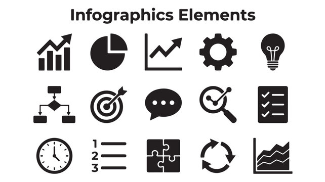 Infographics elements set of 15 black business icons, flat vector data visualization symbols, professional corporate presentation graphics