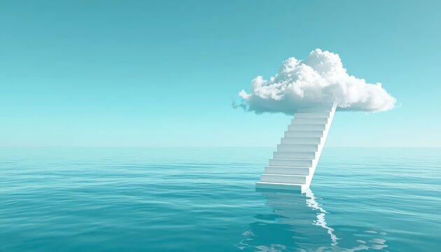 Minimalist surreal 3D illustration of white stairs ascending from a calm ocean to a soft cloud, representing success and ambition with wide copy space for text.