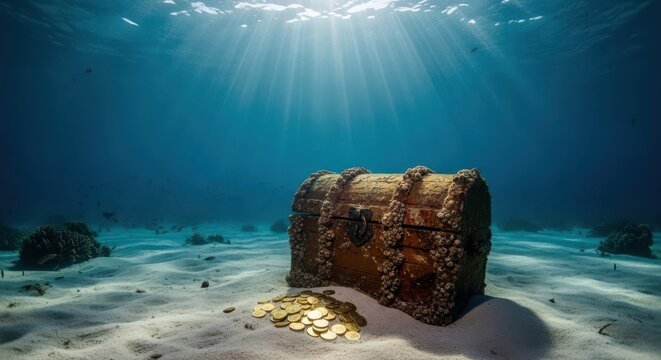 Sunken Treasure Chest with Gold Coins on Ocean Floor