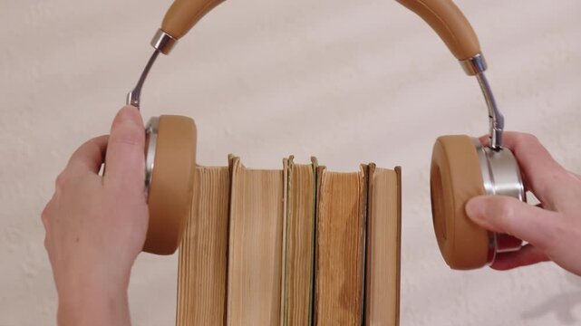 Listener's hands picking up headphones from stack of books on shelf, concept of listening to audiobook