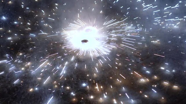 Close-up of a chakri ground spinner firework creating bright radial sparks and smoke during Diwali celebrations, capturing the excitement of the festival of lights.