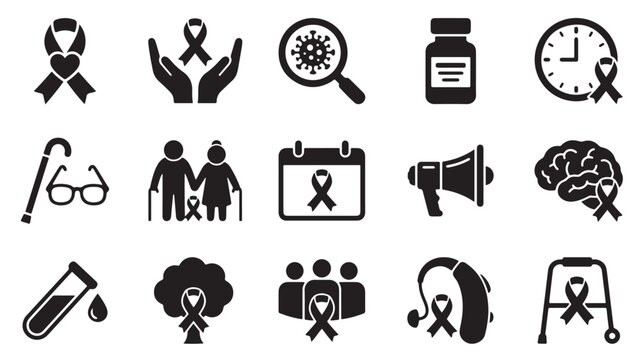 Alzheimer's awareness icon set, 15 black vector icons for dementia and healthcare, medical symbols for elderly care and brain health