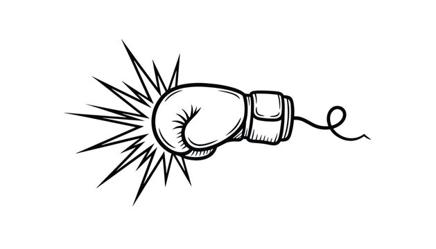 Dynamic black outline drawing of a boxing glove punching forward with a sharp impact blast on a white background.