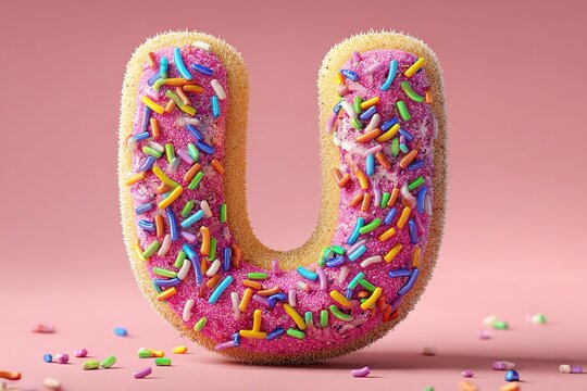 Cute 3D u Letter Designed with Glazed Donut Texture and Rainbow Sprinkles