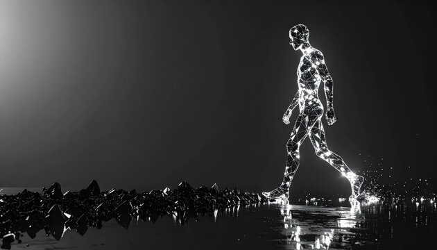 Futuristic Digital Human Wireframe Figure Walking on Dark Reflective Surface with Extensive Copy Space for AI and Technology Concepts