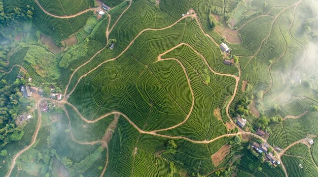 Aerial View of Tea Plantation Terraces and Rural Settlements