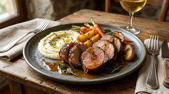Herb roasted pork tenderloin with mashed potatoes and carrots