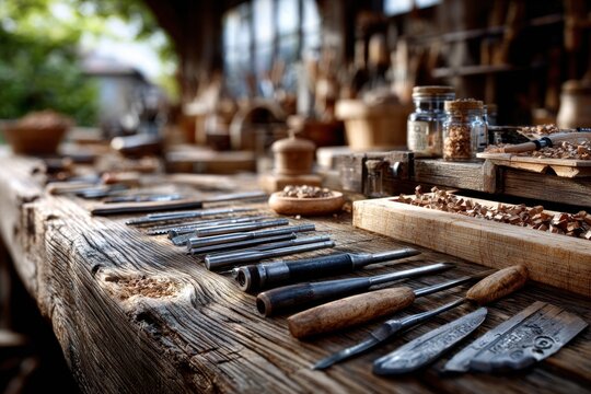 Woodworking tools on a workbench in a workshop
