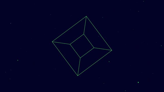 Digital wireframe cube rotating in space with glowing green points and lines