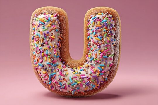 Charming 3D u Letter with Soft Donut Texture and Colorful Rainbow Sprinkles