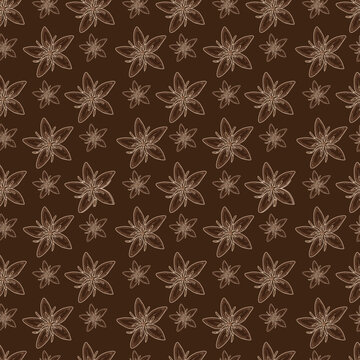 Seamless star anise spice pattern in monochrome brown