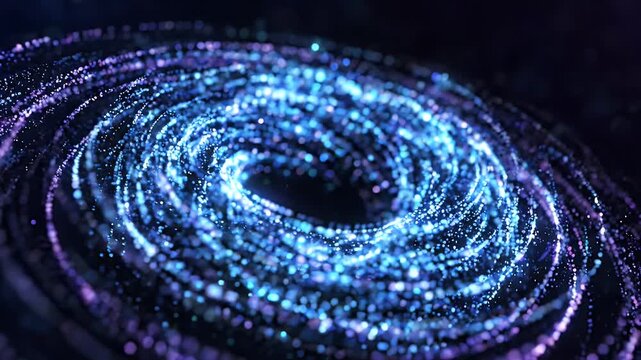 Swirling Digital Particles Orbit in Neon Glow - Abstract digital visualization featuring a dynamic vortex of glowing blue and purple particles.